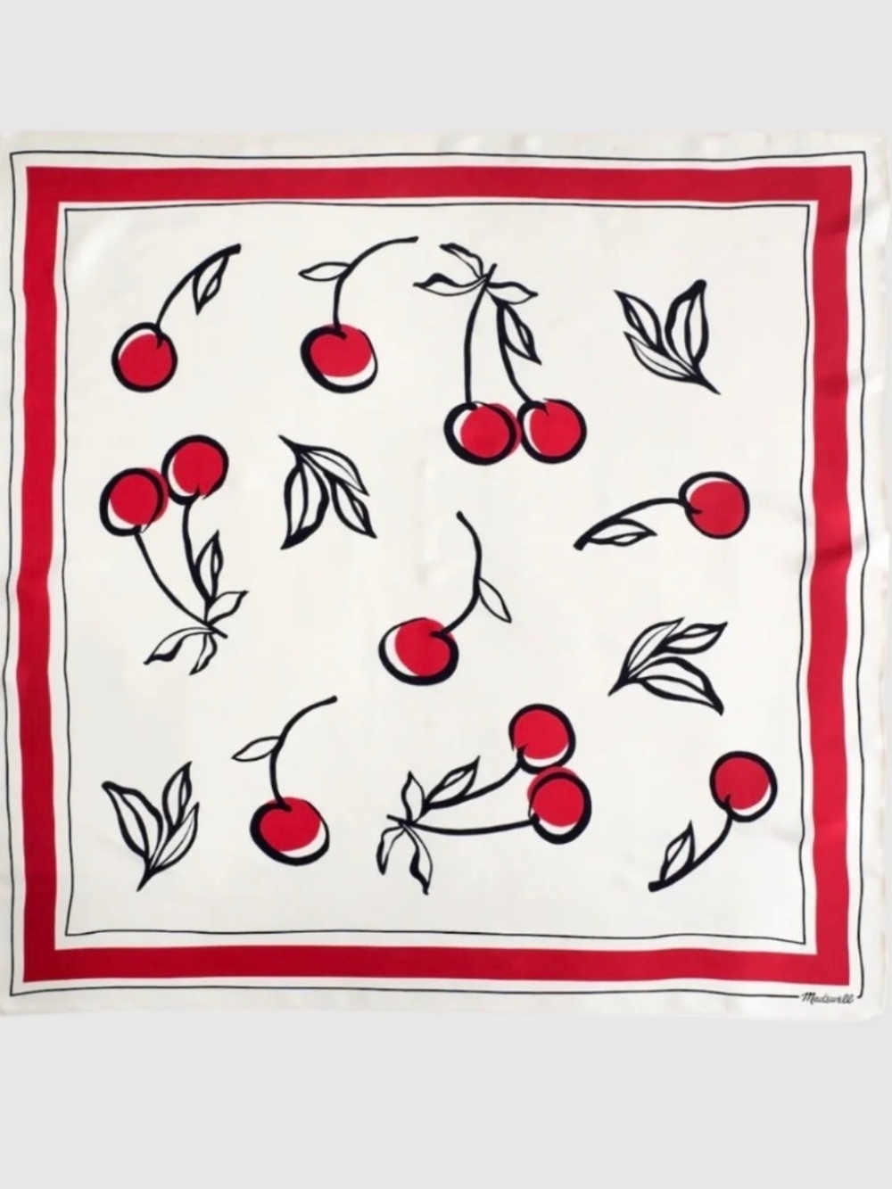 Madewell Cherry Print Silk Bandana Scarf NWT 100% Silk Red Ivory Sold Out - Picture 1 of 5